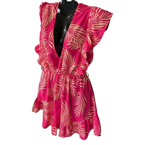 Women’s Pink Palm Leaf Print Deep V-Neck Flutter Sleeve Romper- Size Small - Picture 3 of 16